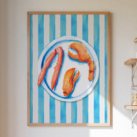 Lobster Painting on Blue Stripe | Kitchen Wall Art - Framed