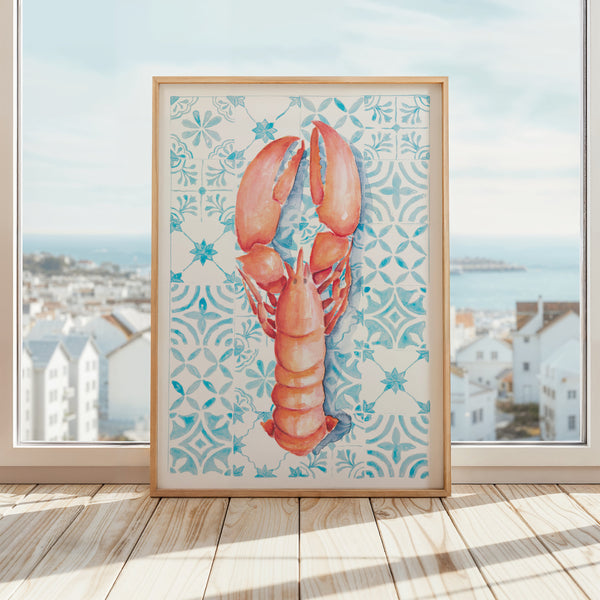 Lobster Print on Blue Mediterranean Tiles Beach House Art