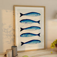 Mackerel on Paper | Kitchen Fish Wall Art Print  - Framed
