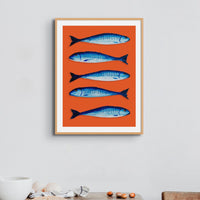 Mackerel Print | Kitchen Painting | Mackerel Fish Painting on Orange Background- Unframed