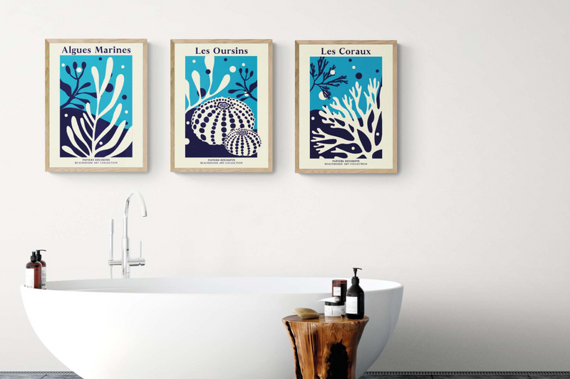 Botanical Bathroom Art Prints above a bath in a minimalist bathroom - framed botanical wall art