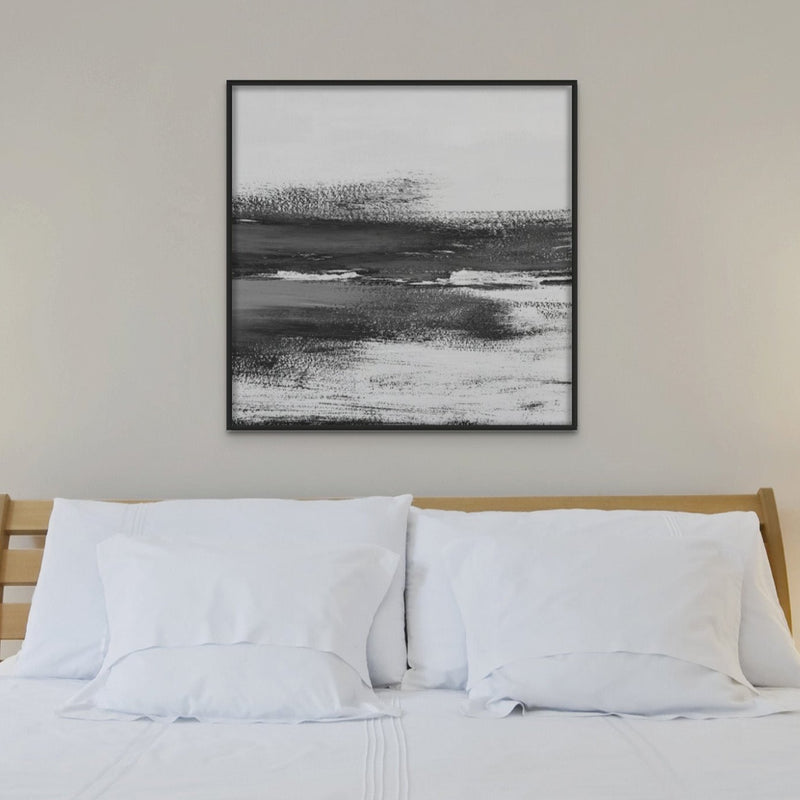 Monochrome Coast | Black & White Beach Painting - Framed Canvas