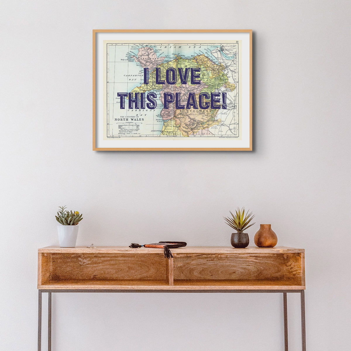North Wales (Navy Vintage Font) Personalised Map Print | Vintage Map Wall Art - Framed