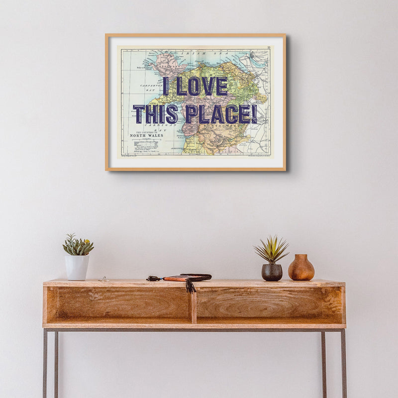 North Wales (Navy Vintage Font) Personalised Map Print | Vintage Map Wall Art - Framed