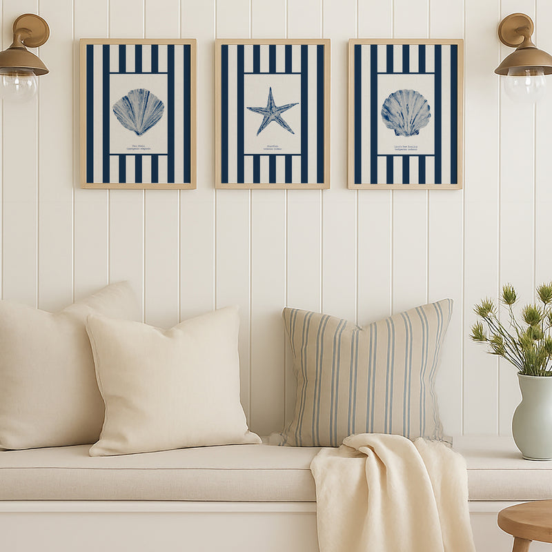Watercolour Shell Art | Blue Art Fan Shell on Navy Stripe Print - Framed