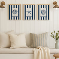 Set of Three watercolour Shell prints on navy stripe - Unframed