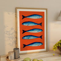 Mackerel Print | Kitchen Painting | Mackerel Fish Painting on Orange Background- Unframed