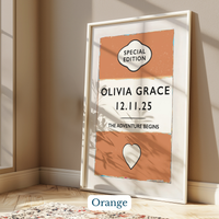 Personalised baby name print - Framed personalised poster with 'Olivia Grace' and date on a wall.