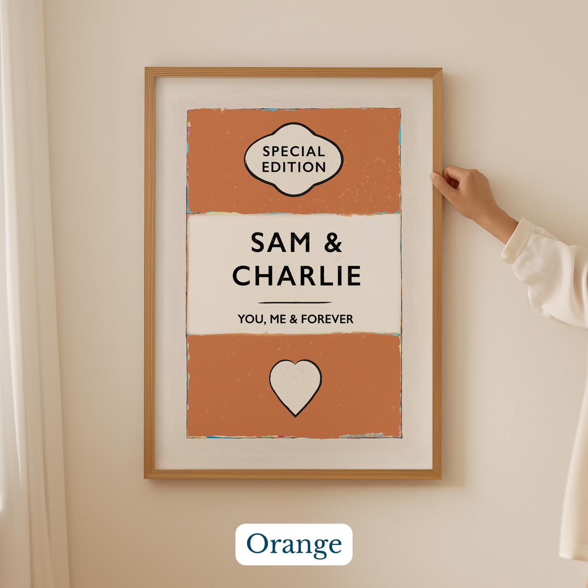  Personalised wedding/engagement print. Couple Print. Framed artwork with 'Special Edition Sam & Charlie You, Me & Forever' text on a beige wall.