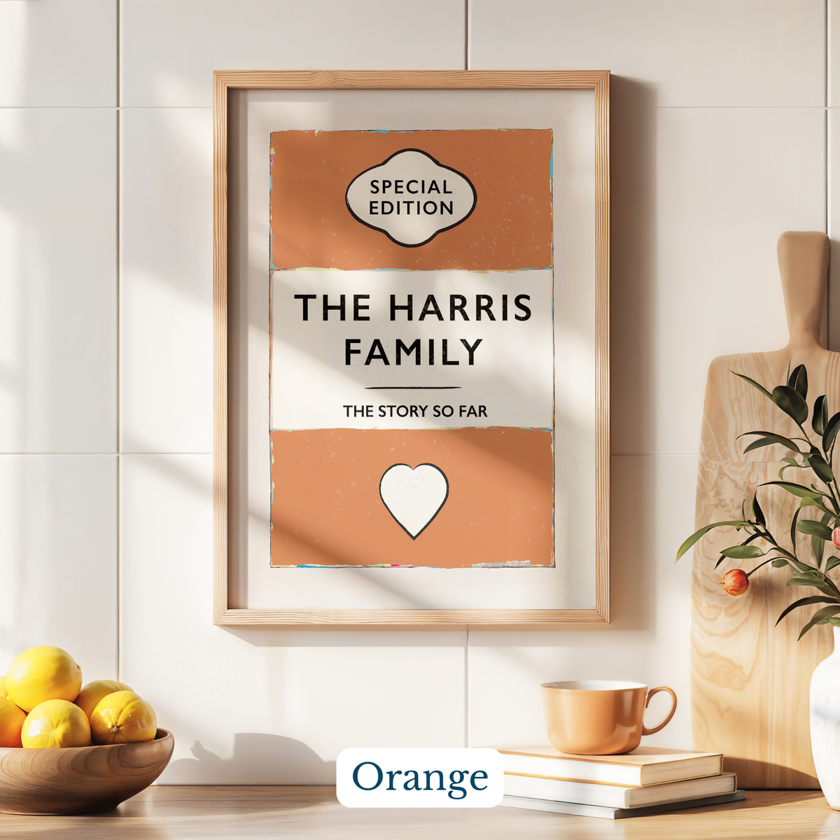 Personalised family name print - Framed poster with 'The Harris Family' design on a kitchen wall.