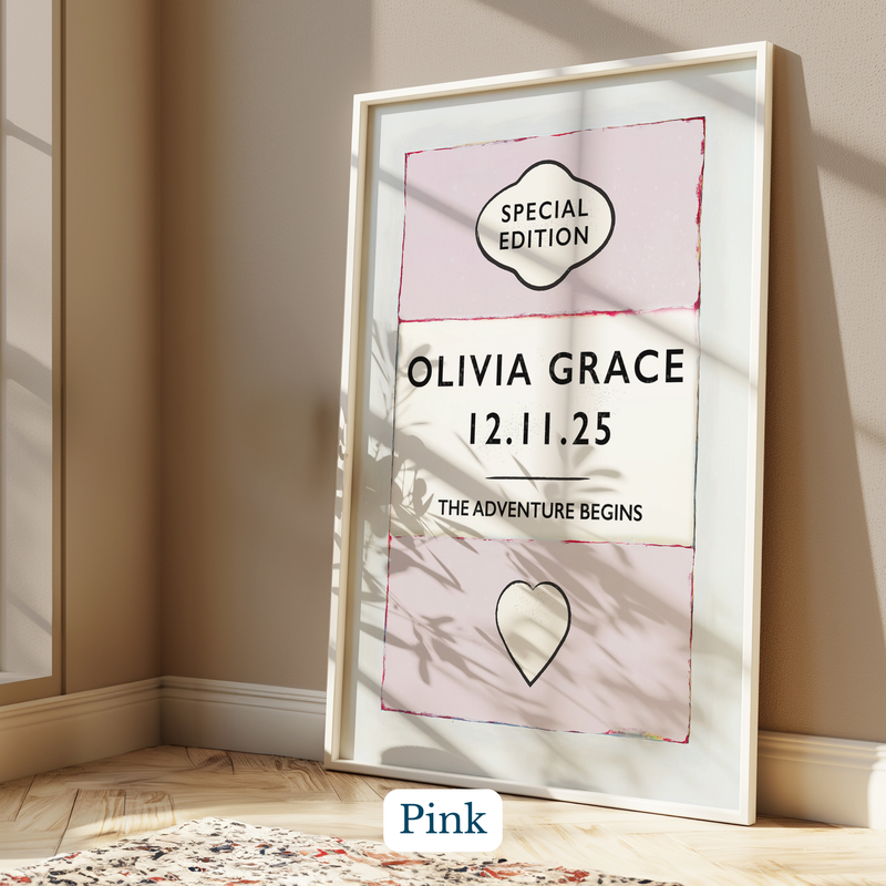 Personalised baby name print - Framed poster with 'Olivia Grace' and a date on a light background