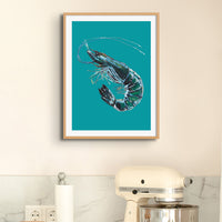 Prawn Painting | Shellfish Kitchen Art Print | Teal Green - Framed