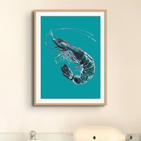 Prawn Painting | Shellfish Kitchen Art Print | Teal Green - Framed