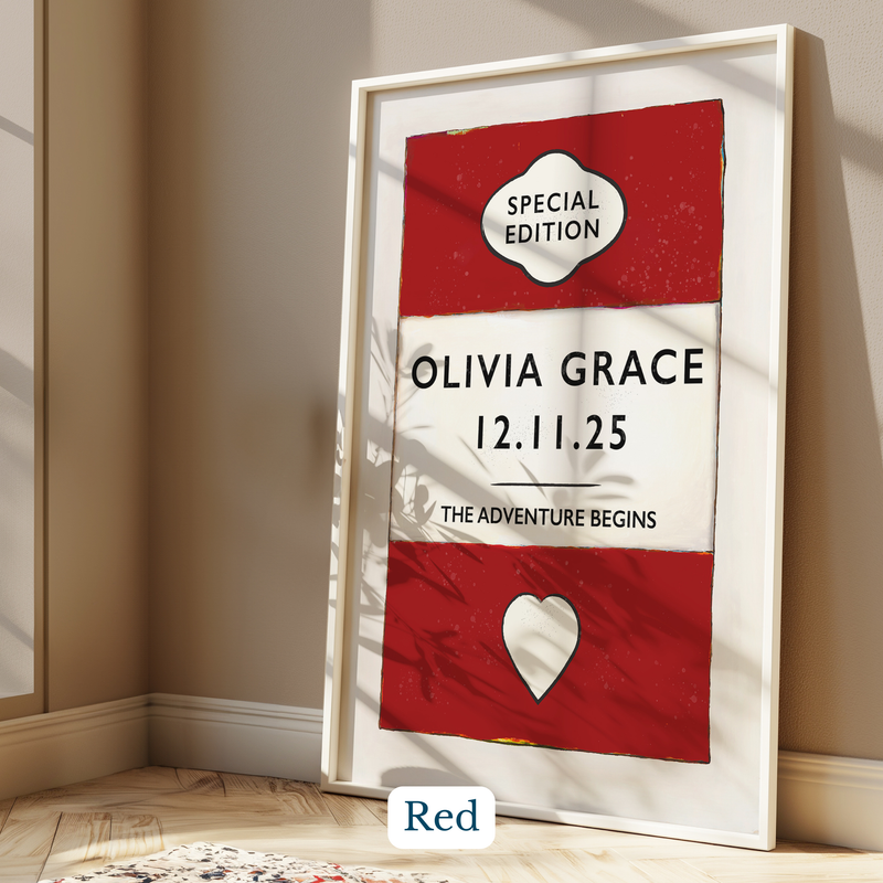 Personalised baby name print - Framed red and white banner with 'Olivia Grace' and date on a beige wall.