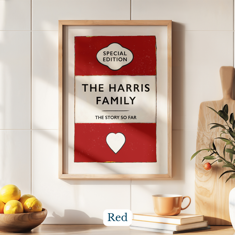 Personalised family name print - Framed poster with 'The Harris Family' design on a wall with decor elements.