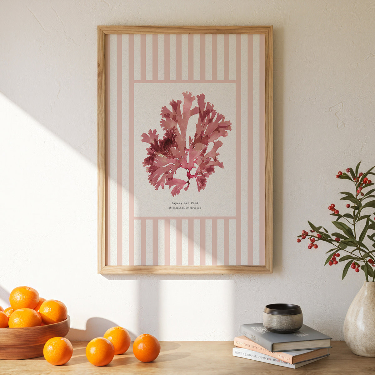 Seaweed Print | Pressed Seaweed Art on Stripe Background (Fan Weed No 1) - Unframed