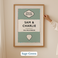 Personalised wedding/engagement print. Couple Print. Framed artwork with 'Sam & Charlie' text and heart design on a beige wall.