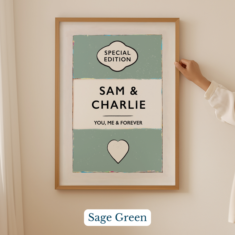 Personalised wedding/engagement print. Couple Print. Framed artwork with 'Sam & Charlie' text and heart design on a beige wall.