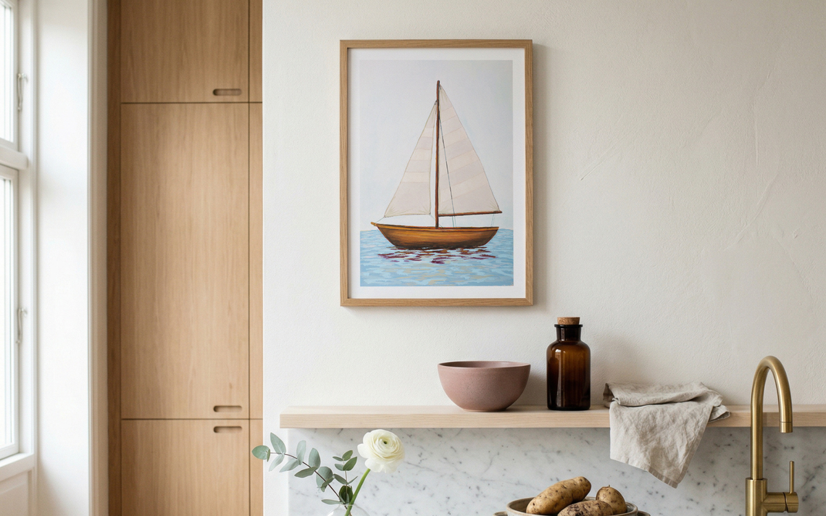Boat painting in kitchen above shelf - Nautical-themed room with a framed picture of a sailboat, wooden cabinet, and kitchen counter.