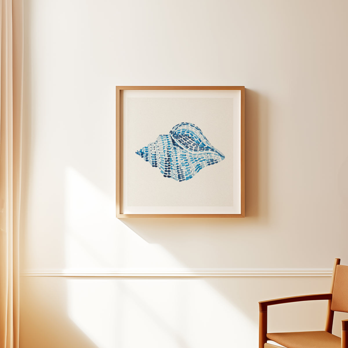 Conch shell painting with layered blue brushstrokes on a neutral background, contemporary coastal wall art 