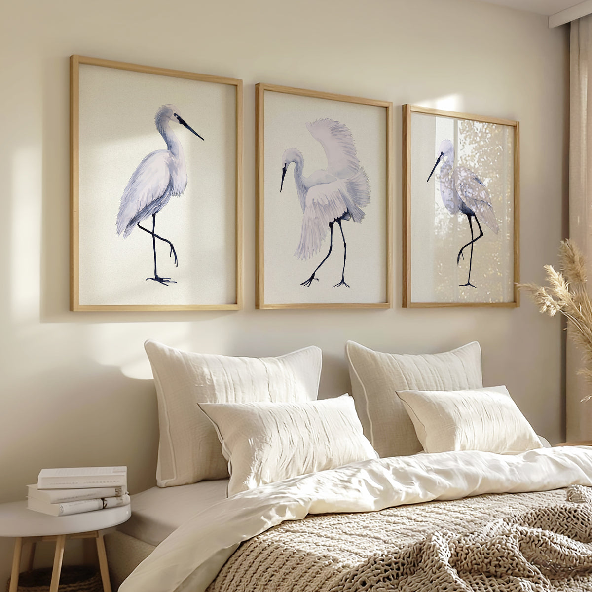 Set of Three White Egret Prints | Natural Background | Watercolour Bird Paintings -  Unframed