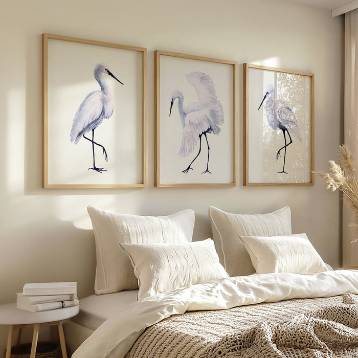 Set of Three White Egret Prints | Natural Background | Watercolour Bird Paintings -  Unframed