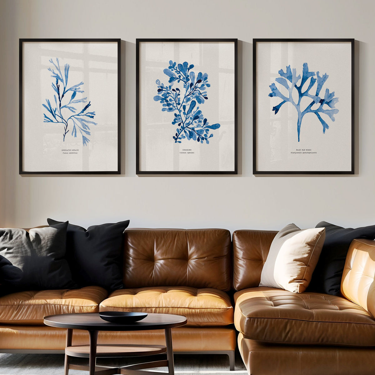 Set of three blue seaweed prints in living room. Modern living room with a brown leather sofa, coffee table, and coastal wall art.