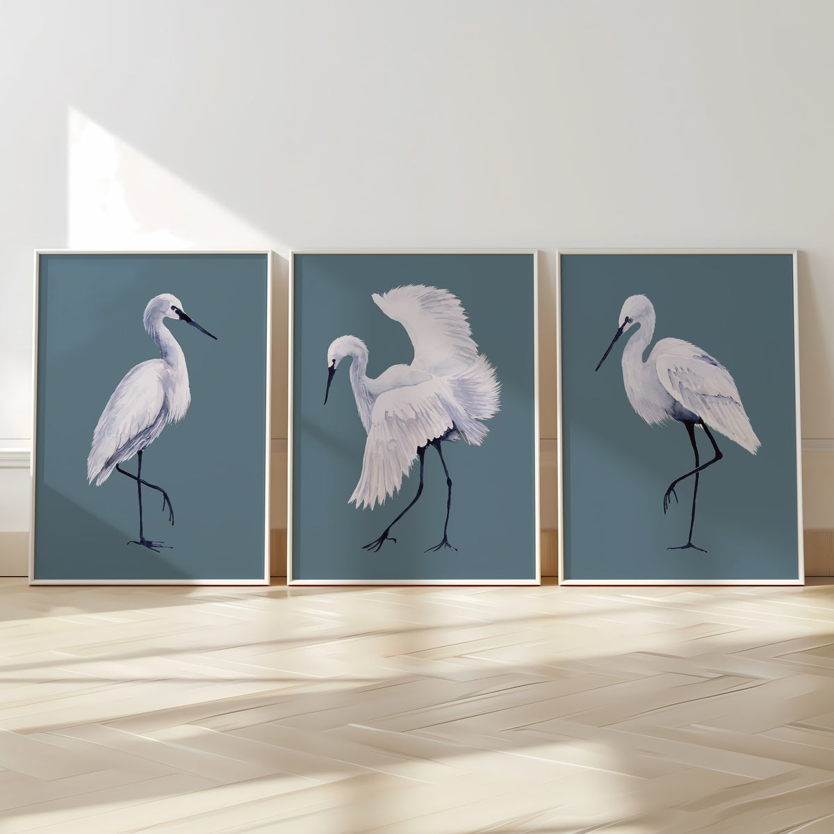White Egret Stalking | Stone Blue | Bird Art Print - Unframed