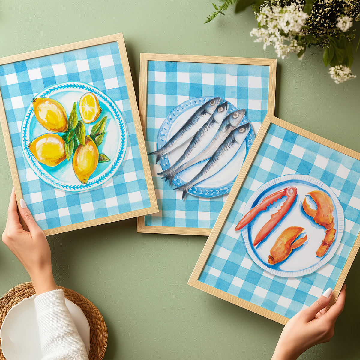 Lobster Painting on Blue Gingham | Kitchen Wall Art - Framed
