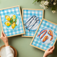 Lobster Painting on Blue Gingham | Kitchen Wall Art - Framed