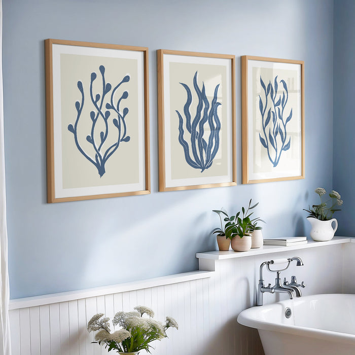 Set of three abstract indigo Lino Cut seaweed prints  - Unframed