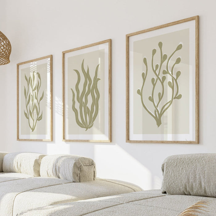 set of three lino cut seaweed art prints