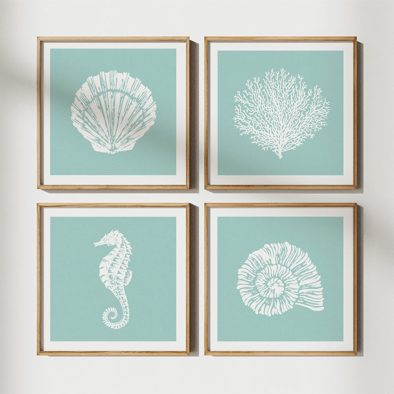 Scallop Shell Print | Graphic Shell Art Print | Aqua Blue - Unframed