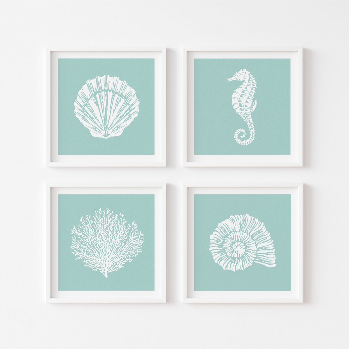 seto fo four caostal art pints on blue background