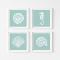 seto fo four caostal art pints on blue background