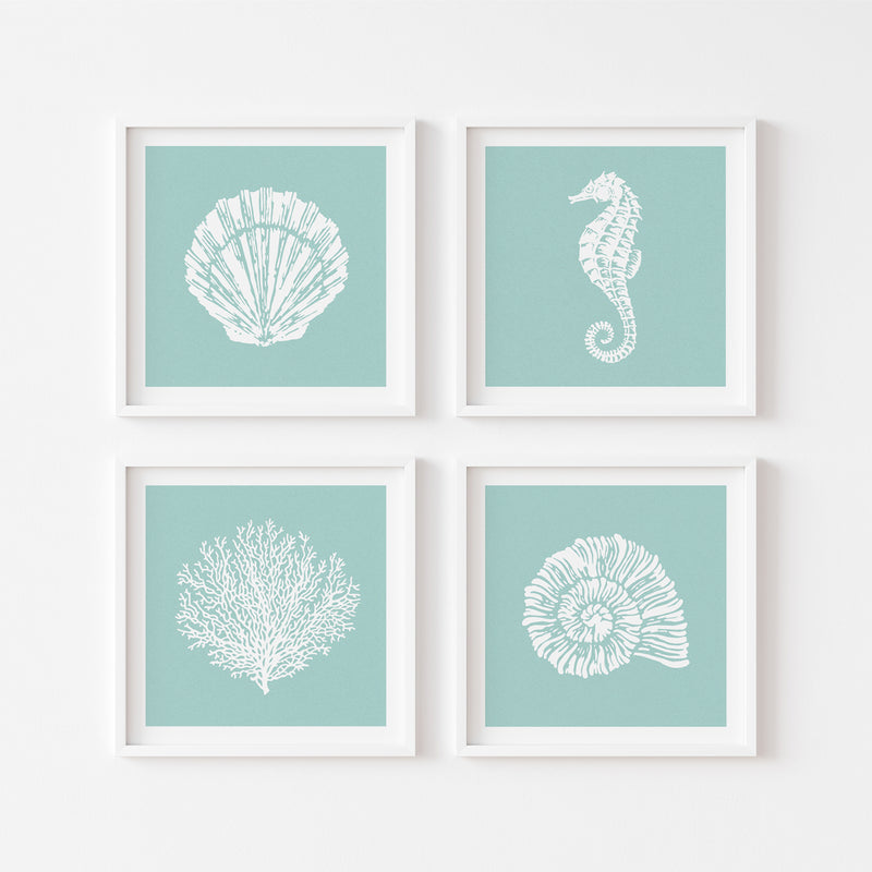 seto fo four caostal art pints on blue background