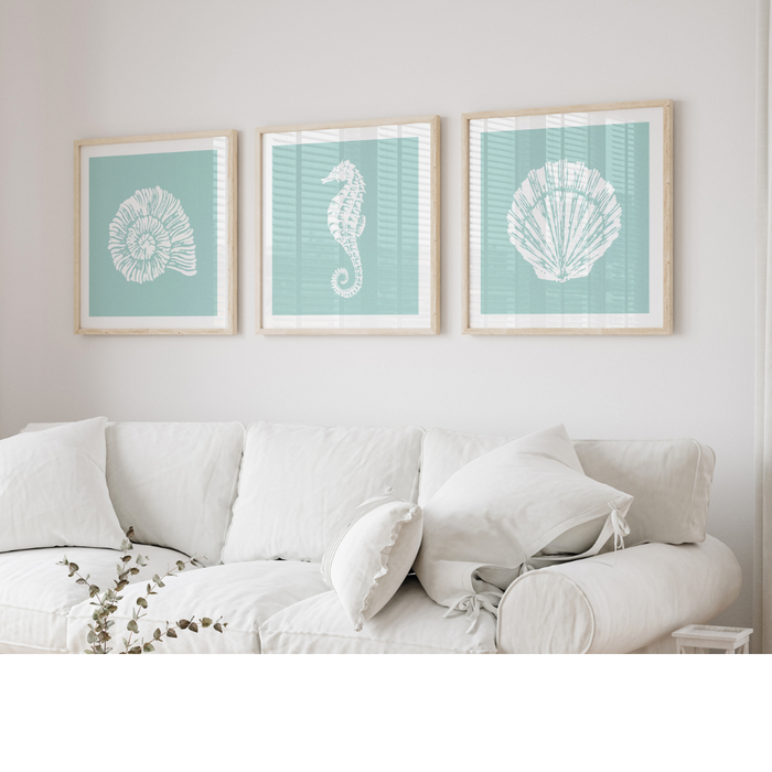 set of three shell prints - coastal art prints - shell print, coral print and seaorse print on aqua blue background