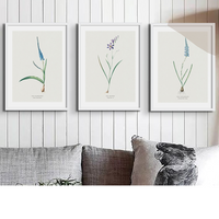 set of three vintage flower prints on wall above sofa