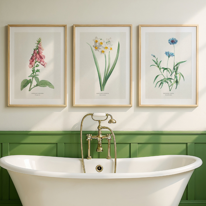 Set of three flower prints. Bathroom with a freestanding bathtub, green panelling, and framed botanical prints on the wall.