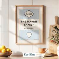 Personalised family name print - Framed artwork with 'The Harris Family' text on a wall with decor items below.