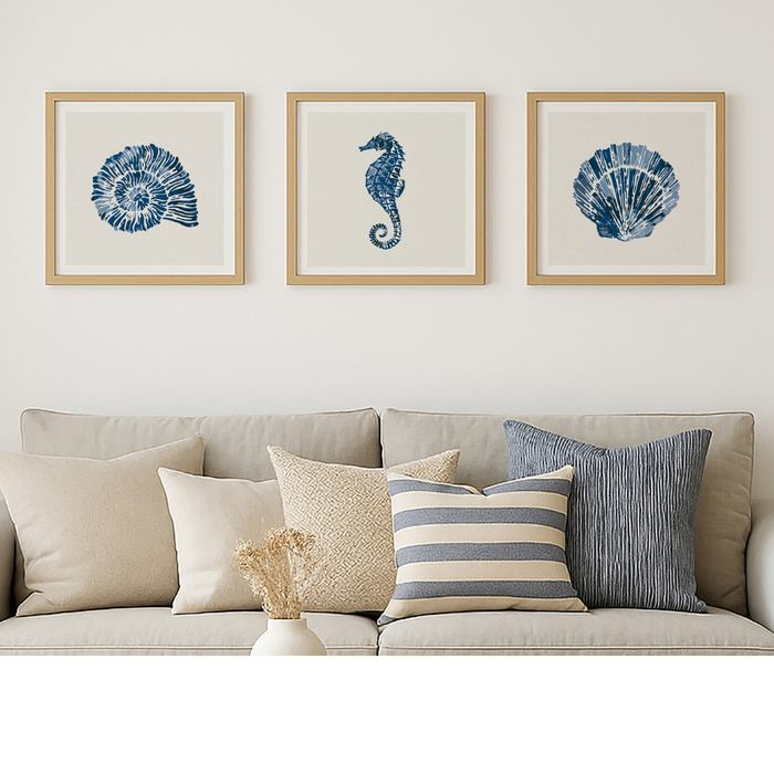 Set of Three Indigo Shell and Seahorse Art Prints  - Unframed