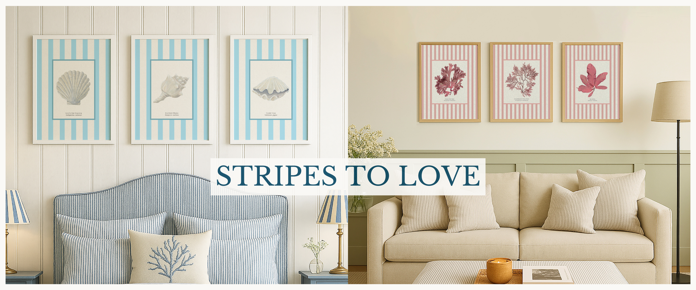Living room with framed artwork and striped cushions, featuring the text 'Stripes to Love'.