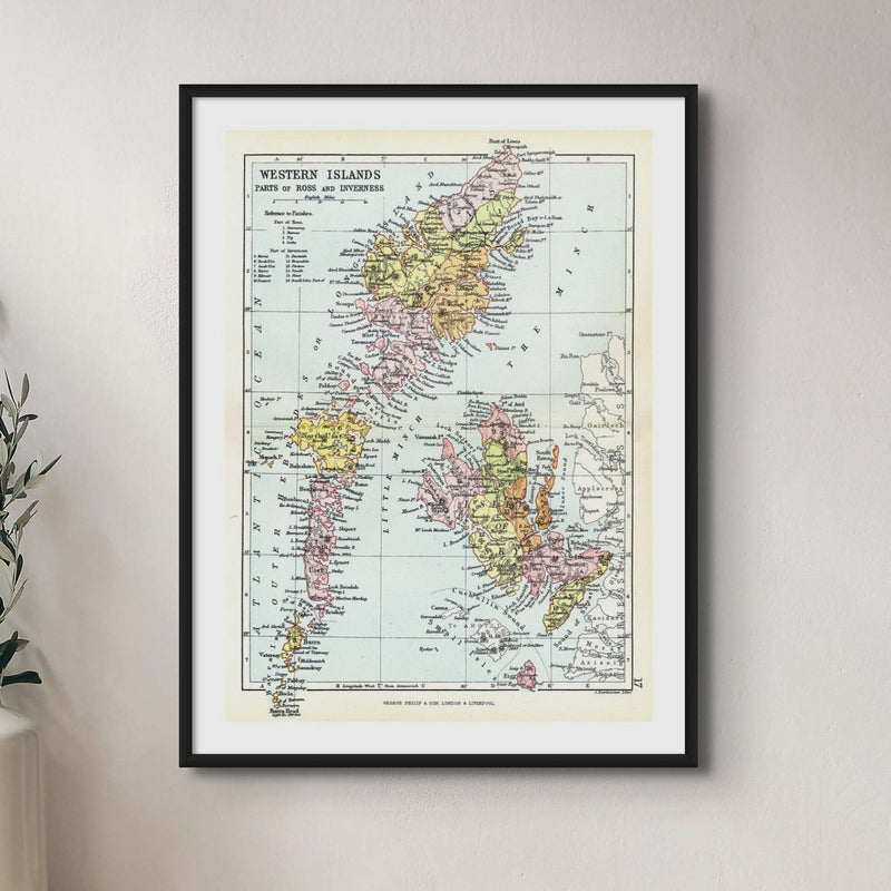 Western Isles of Scotland Vintage Map Print | Outer Hebrides Map Print - Framed Print