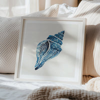 Blue whelk shell coastal art print painted in layered watercolour brushstrokes by Beach House Art