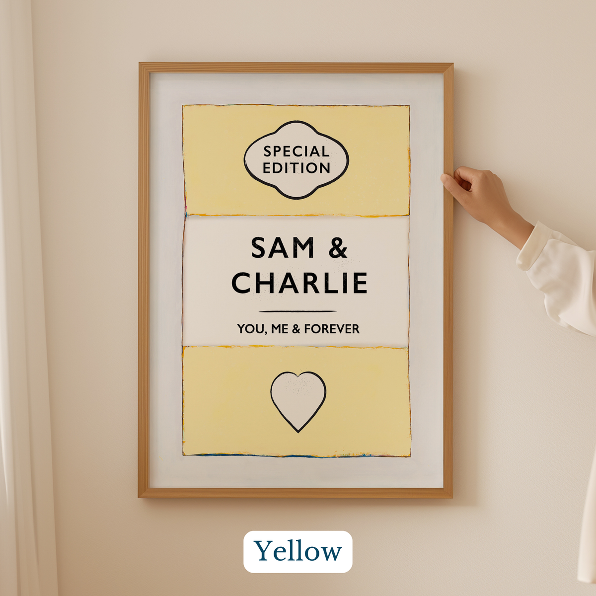 Personalised wedding/engagement print. Couple Print. Framed artwork with 'Special Edition Sam & Charlie You, Me & Forever' text on a yellow background.