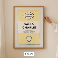 Personalised wedding/engagement print. Couple Print. Framed artwork with 'Special Edition Sam & Charlie You, Me & Forever' text on a yellow background.