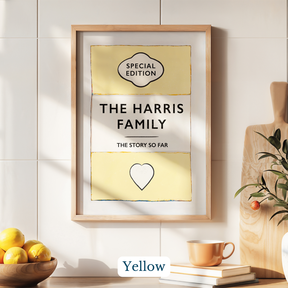 Personalised family name print - Framed print with 'The Harris Family' text on a wall with decor items below.