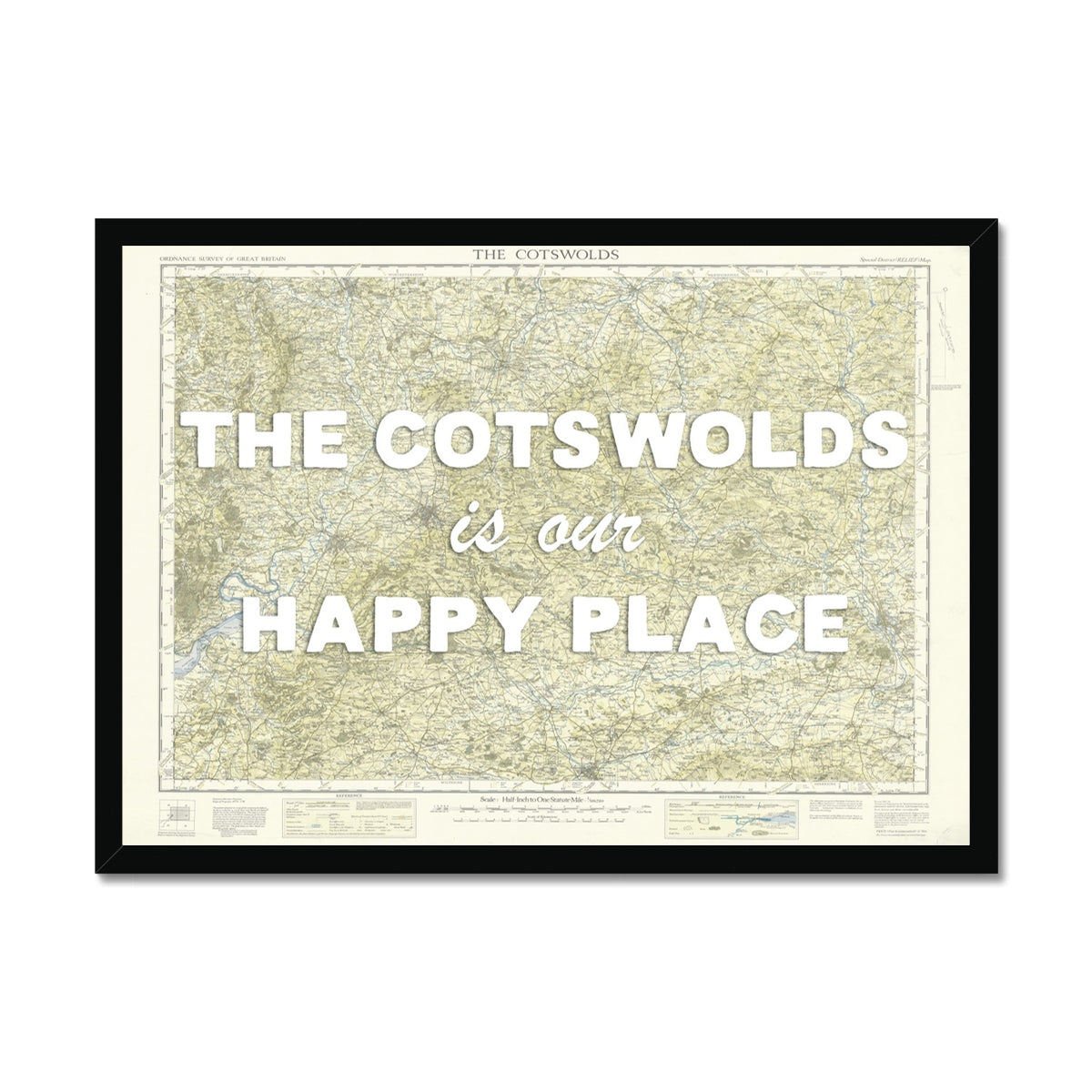 Framed Cotswolds map print with 'The Cotswolds is our happy place' text on a white background