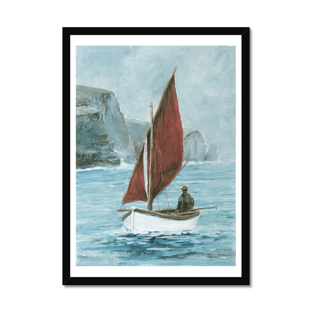 Framed artwork of a sailboat with a red sail on a body of water. Cornish Sea Painting