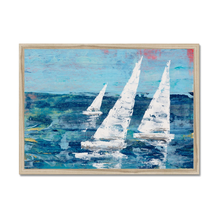 Three white sails painting, an abstract coastal art print with layered blue textures